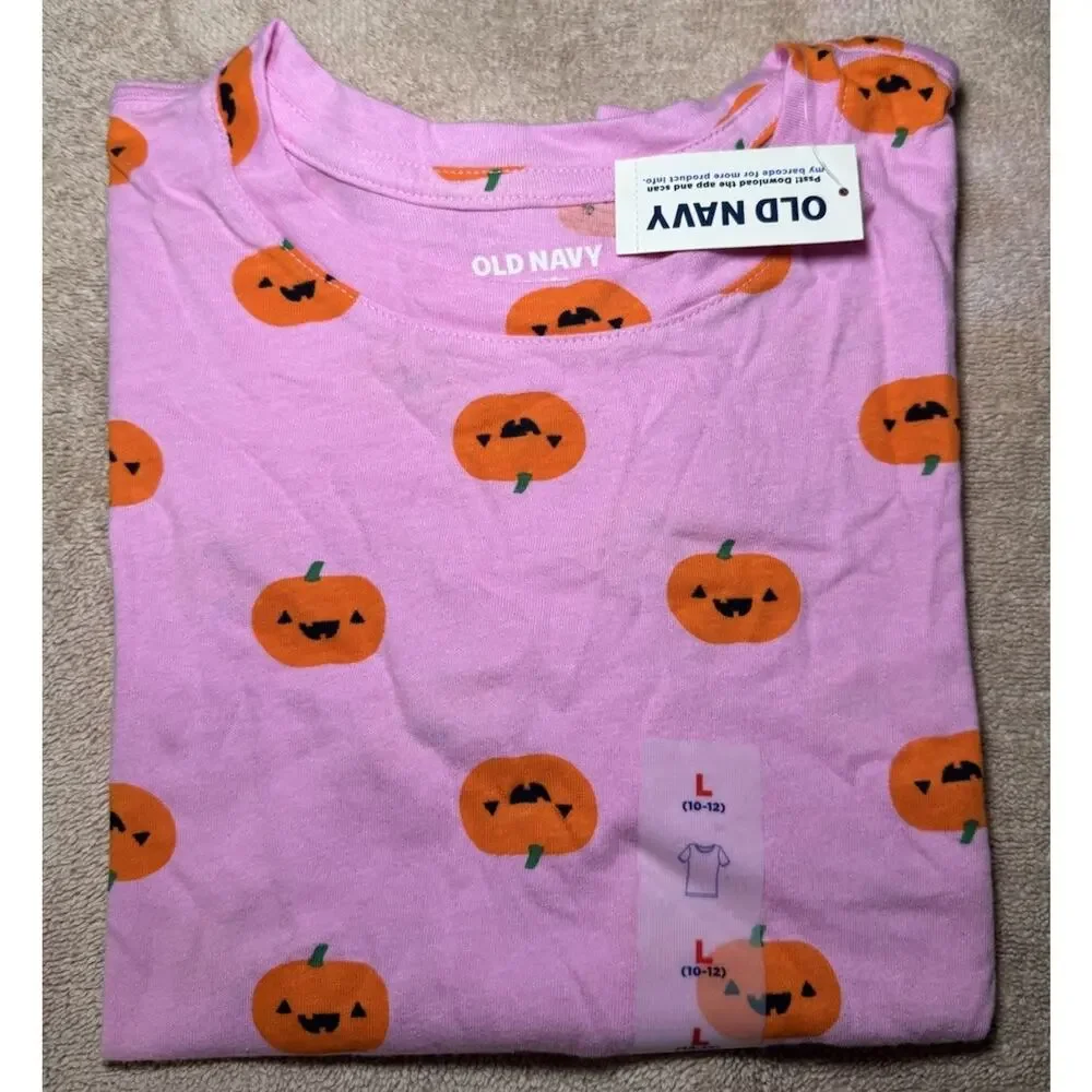 Old Navy Girls Large (10-12) Short Sleeve T-Shirt Pink W/Pumpkin Faces NWT NEW